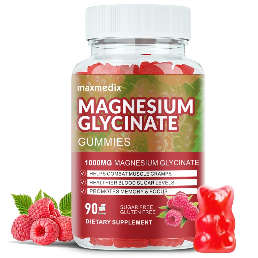 Magnezu Gummies Glucynian 1000mg, Sugar Free Magnezu suplementy potasu żute dla dorosłych z L- Threonian do snu, Wsparcie ciała i relaksacji, 90 Malina Gummies