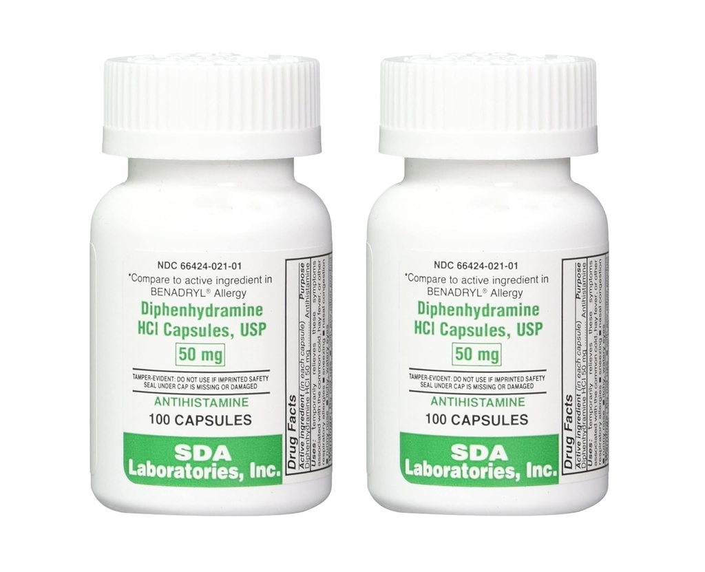 SDA LABORATORIES Difenhydramina 50mg, Alergia Relief, Kapsułki antyhistaminowe, Odpowiednio działająca formuła do kichania, Nose Runny & Itchy Eyes - 100 Count (2 Pack)