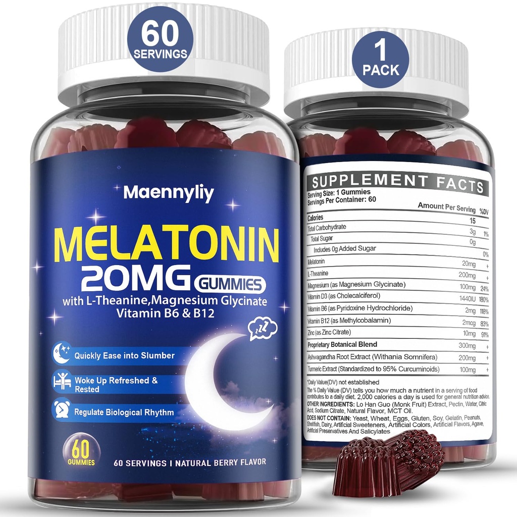 Melatonina 20mg Gummie dla dorosłych - Bezcukrowe Gummie Melatoniczne Dodatkowa siła z L- Theanine, Magnez, Ashwagandha, Turmeric, D3 & Zinc - Non-Habit Forming