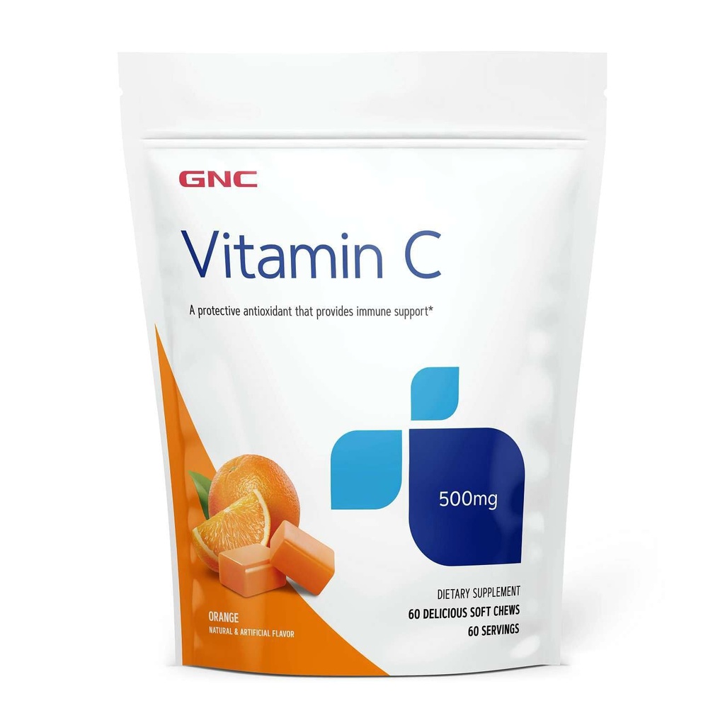 GNC Witamina C Miękkie żucia 500mg, Pomarańczowy, 60 żuć, Wspiera naturalny opór