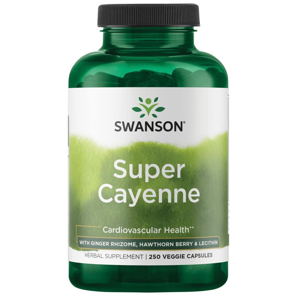 Swanson Super Cayenne - Herbal Supplement Promoting Heart Health, Circulation & Blood Flow - Natural Formula w / Ginger Rhizome, Hawthorne Berry & Lecithina - (250 kapsułki wegetariańskie)