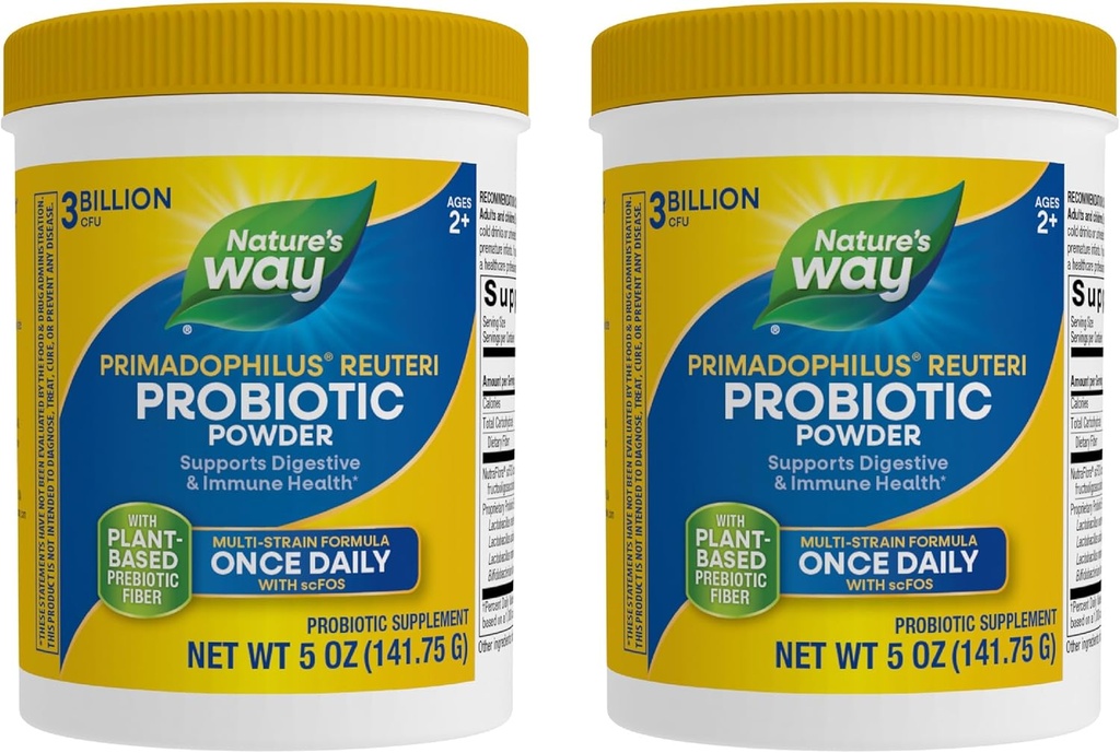 Nature 's Way Primadophilus Reuteri Probiotic Powder, Wspiera Digestive & Immune Health *, Multi- Strein Formula, z Prebiotyki, 3 Miliard żywych kultur, 5 Oz (Opakowania May Vary) - 2 Pack