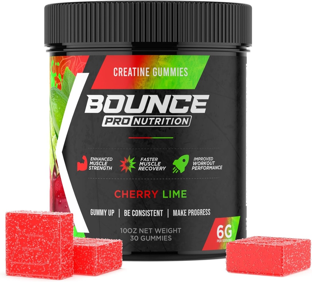 Bounce Pro Gummies Monohydrat kreatury dla mężczyzn i kobiet, Niskie kalorie, 6G Kreatyny na Serving, Wegan, Przeciwstopowe, Bezglutenowe, Non-GMO, 2g Kreatyny na Gummy (30ct, Cherry Lime)