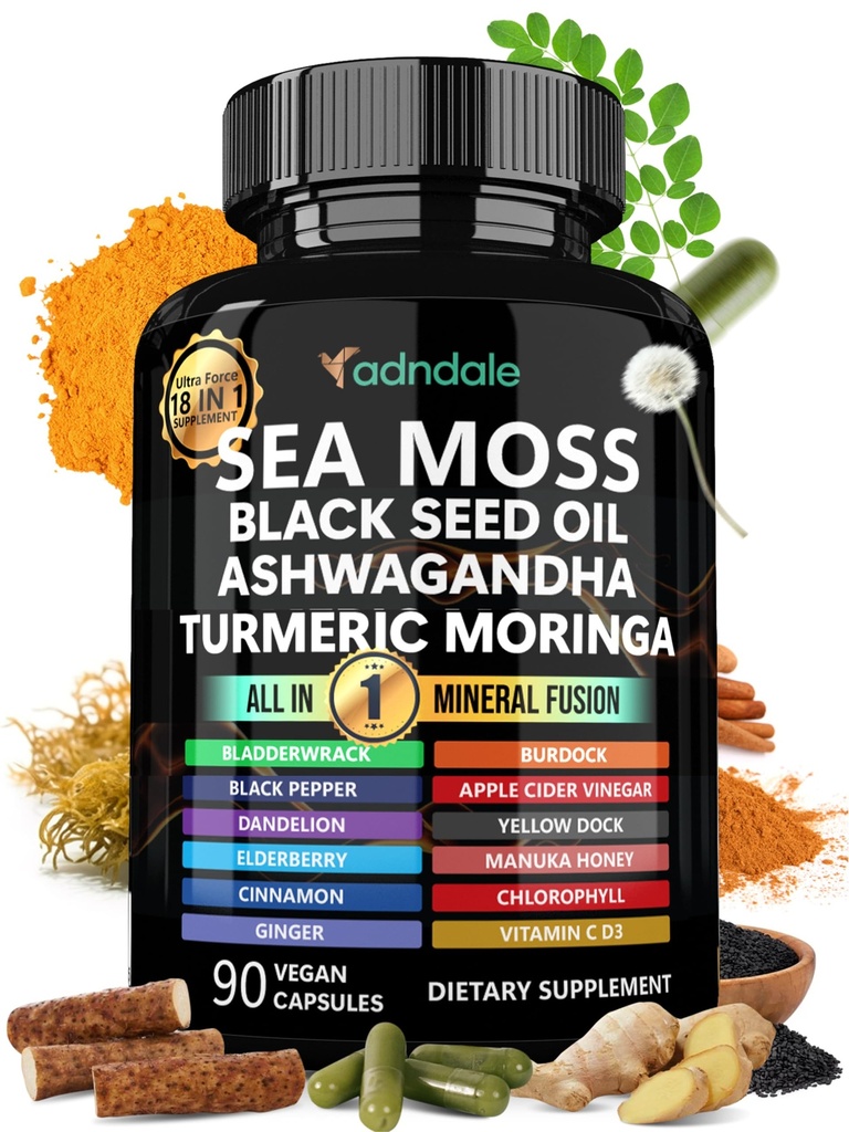 Adndale Sea Moss Black Seed Oil Ashwagandha Ginger Capsules. Kapsułki SeaMoss z olejem z nasion czarny, Ashwagandha, Turmeric, Moringa, Bladderwrack, Burdock Root, Manuka Miód, Cynamon