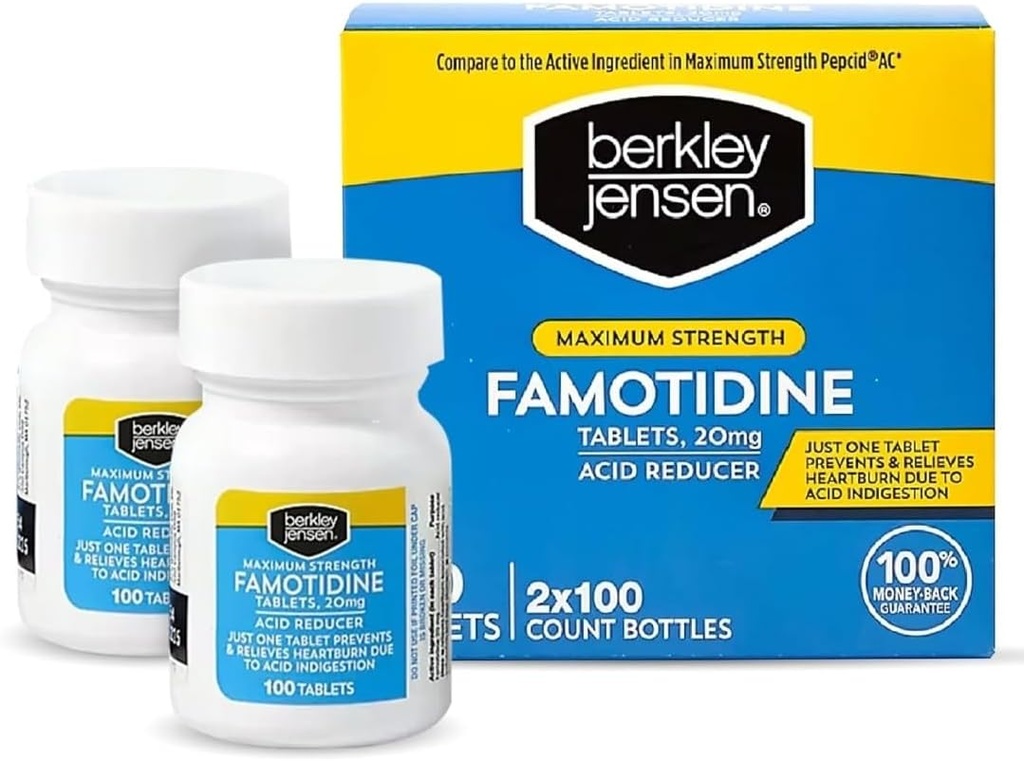 berkley jensen Maksymalna moc Famotydyna 20 mg - (200 Count), Acid Reducer Tablets, Relieves Meal- Induced Heartburn & Acid Objawy niestrawności, All- Day Heartburn Prevention & Relief