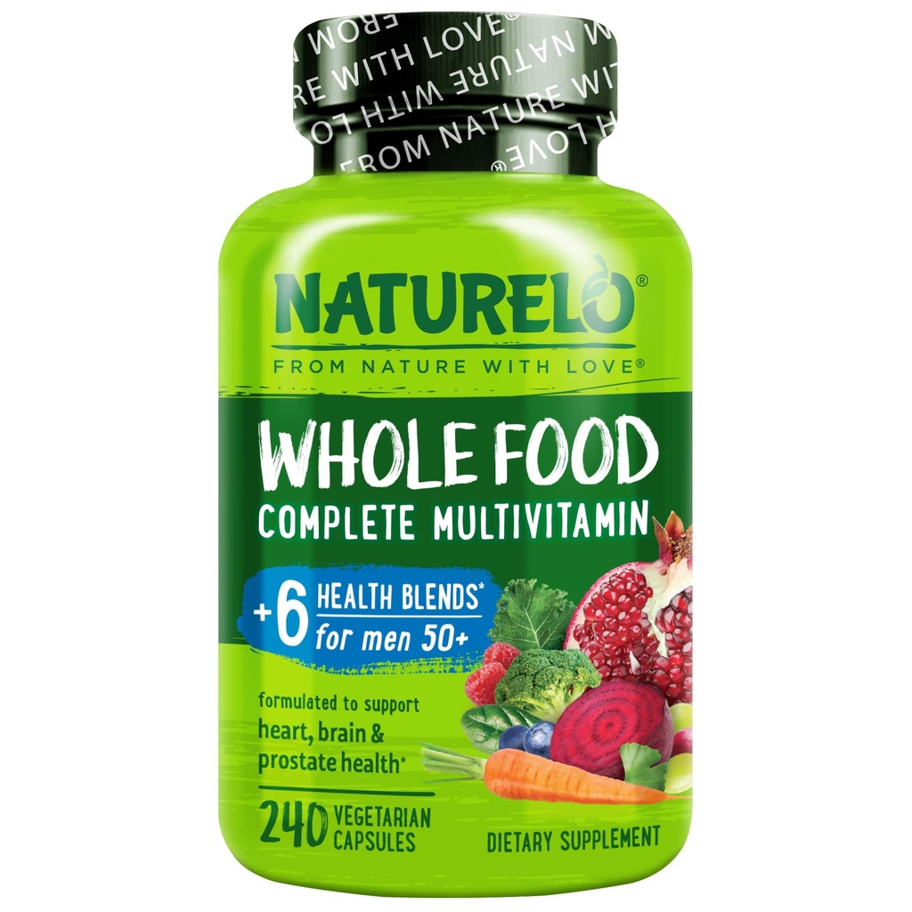 NATURELO Whole Food Multivitamin for Men 50 + - z witamin, Minerały, Organic Herbal Extracts - Vegan Vegetarian - for Energy, Brain, Heart and Eye Health - 240 kapsułki