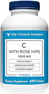 Witamina Shoppe Witamina C 1000 MG z Rose HIPS, przeciwutleniacz, który wspiera immunologiczne i sercowo-naczyniowe zdrowie, Rose HIPS zapewnia naturalne źródło witaminy C (300 tabletek)