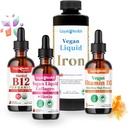 LiquidHEALTH Vegan Daily Essentials Zestaw witaminy Starter z organiczną metyl B12 Drops, Vegan Liquid Collagen + Biotin, Liquid Iron, Witamina D3 Drops - 100% Plant- oparte suplementy witaminy, Made in USA