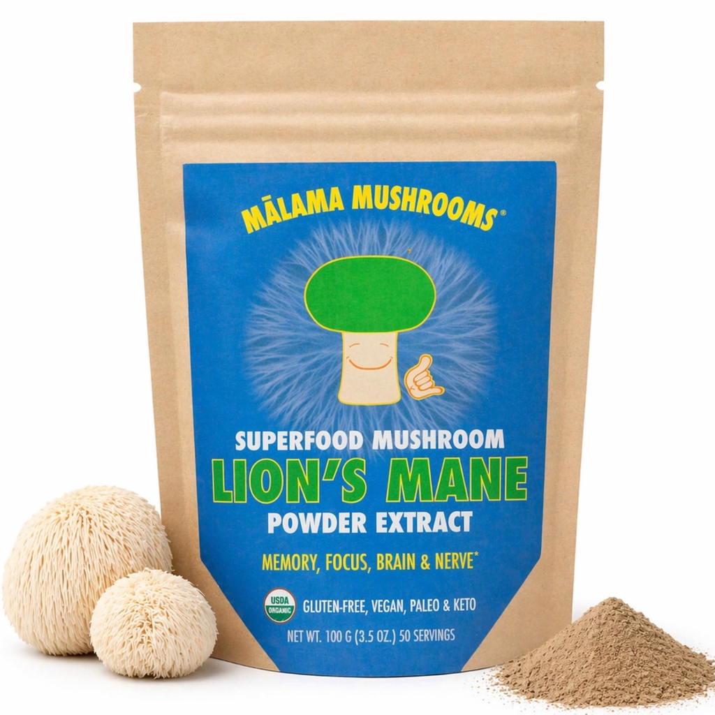 Lion 's Mane ekstrakt proszek przez Malama, Organic Fruiting Body Lions Mane Mushroom Proszek, Superfood Adaptogenetic, Wspomaga pamięć, Focus, Mózg, & Nerves