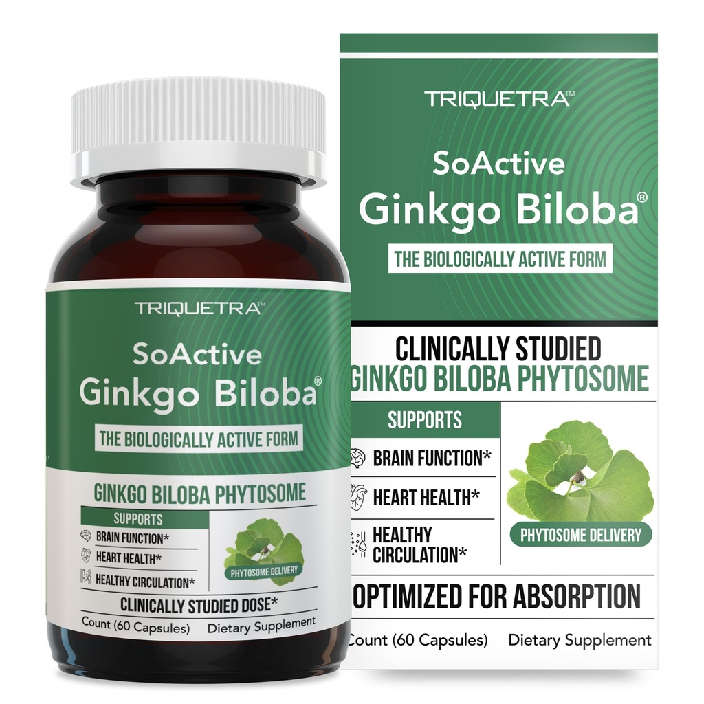 SoActive Ginkgo Biloba z GinkgoSelect ® Phytosome 124; Studiowane klinicznie Zwiększone wchłanianie dla mózgu, Serca i Wspomaganie Pamięci - 180 mg - Pomaga utrzymać cyrkulację i zdrowie Cognitive (60 Kapsułki)