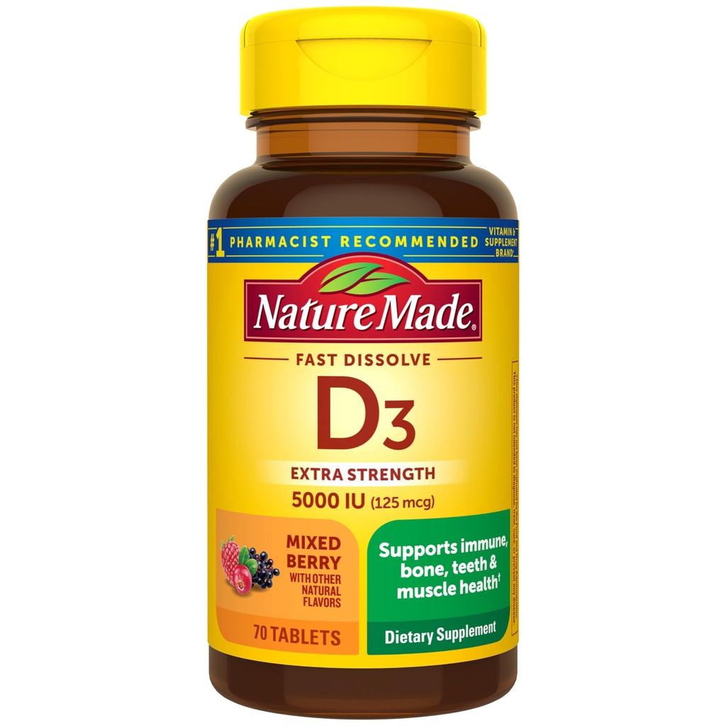 Nature Made Witamina D3 5000 j.m. (125 µg) Dodatkowa siła, Suplement witaminy D do wsparcia immunologicznego, 70 Bezcukrowe tabletki szybko rozpuszczalne, 70 Day Supply