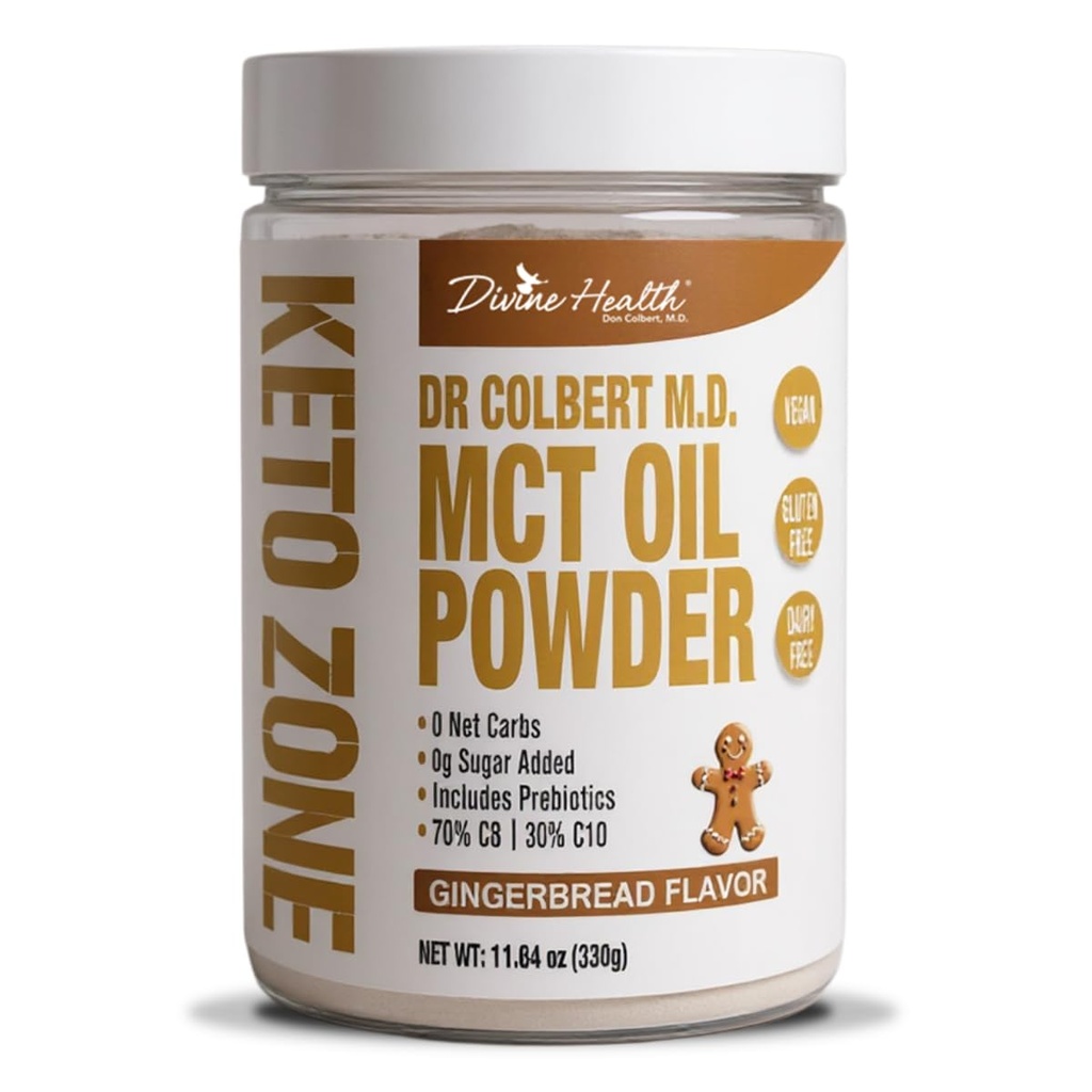 Divine Health Keto Zone ® MCT Oil Powder Building 124; Gingerbread 124; 330 G Building 124; 30 Day Supply Building 124; Dr. Colbert 's Keto Zone Diet Book 124; Coffee Creamer Building 124; 70% C8 30% C10 Building 124; 0 Carbs Net