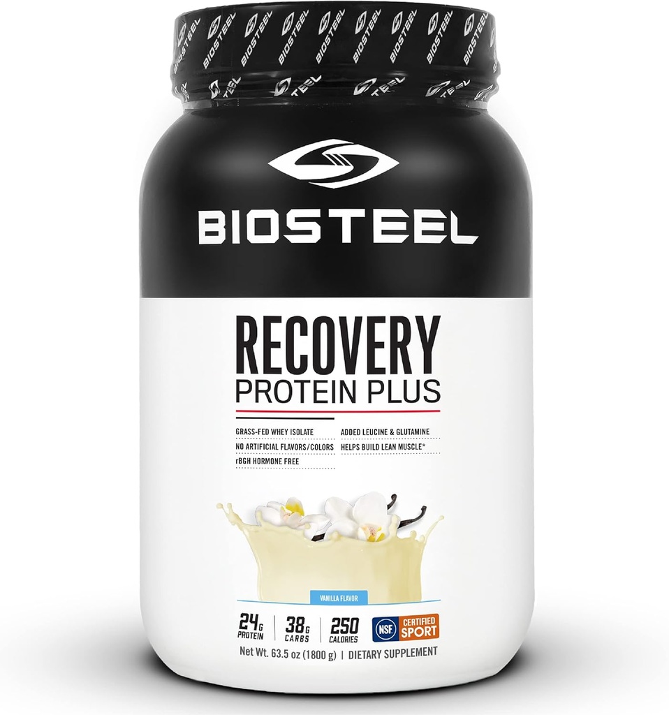 BIOSTEEL Recovery Protein Plus Powder Supplement, Grass- Fed i Non-GMO Formuła, Wanilia, 27 Służenia