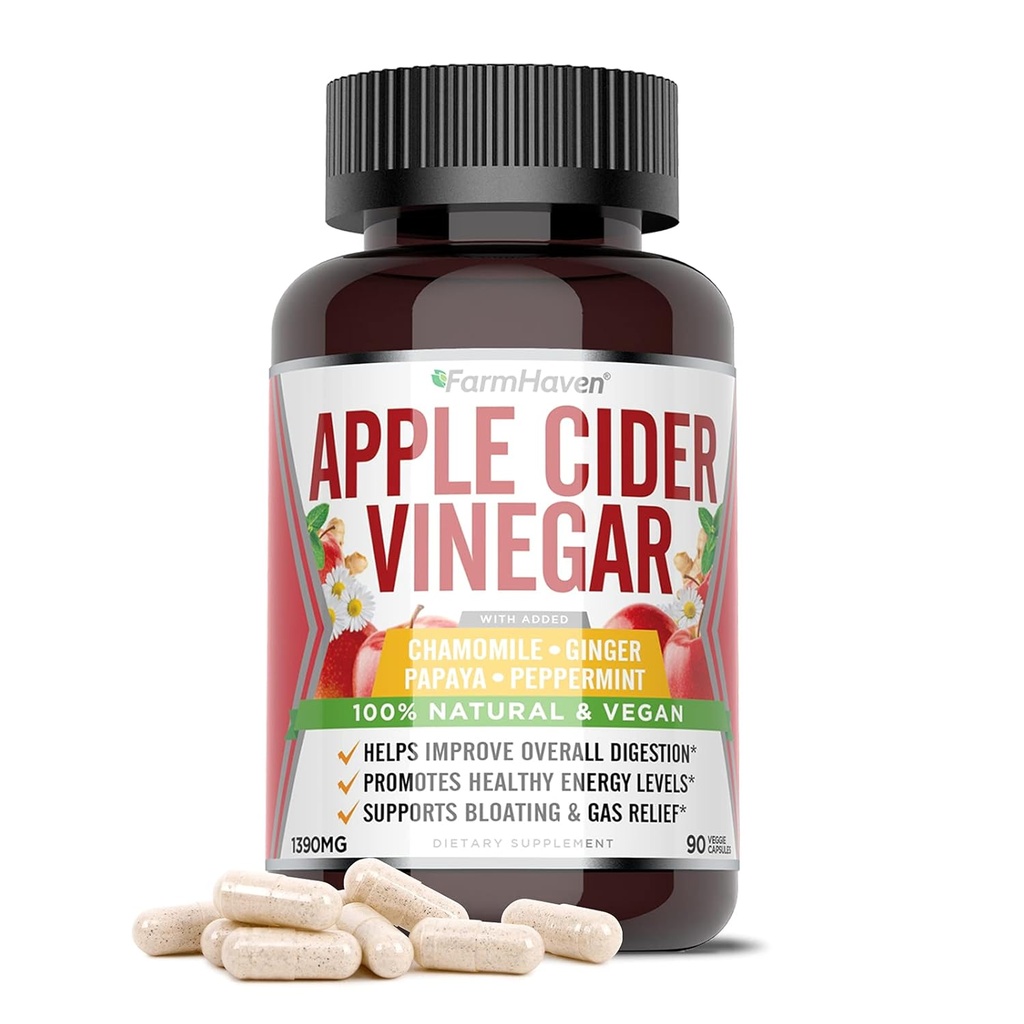 FarmHaven Jabłko Cydr Kapsułki z Matką, ACV Kapsułki z Matką 1390MG, Jabłko Cydr Pigułki z Ginger, Jabłko Pigułki z Oceanem dla trawienia Zdrowe, Ocet Tabletki z Matką