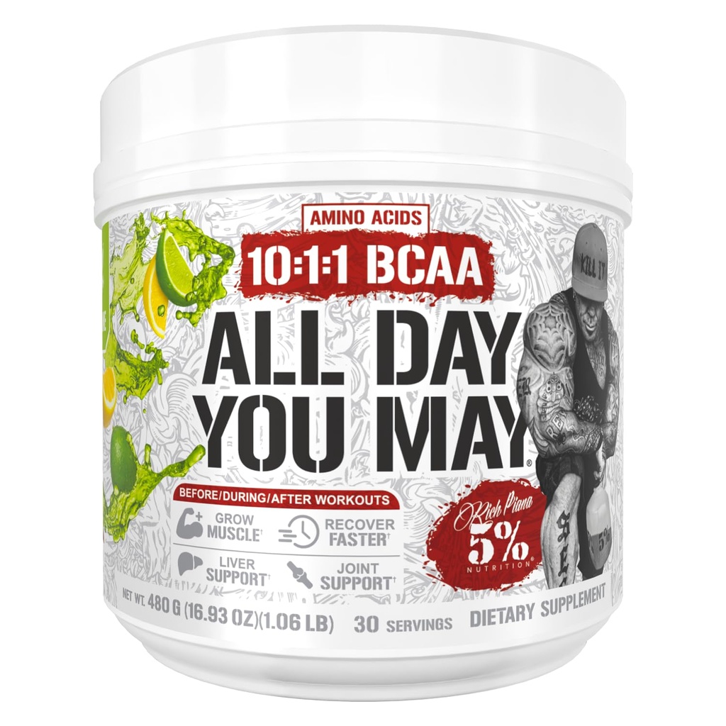 5% odżywczy bogaty Piana AllDayYouMay BCAA proszek 124; Premium Intra & Post Trening aminoacydów, Nawodnienie, Endurance, Odzysk mięśni, Joint & Liver Support 124; 15.3 oz, 30 Służenia (Lemon Lime)