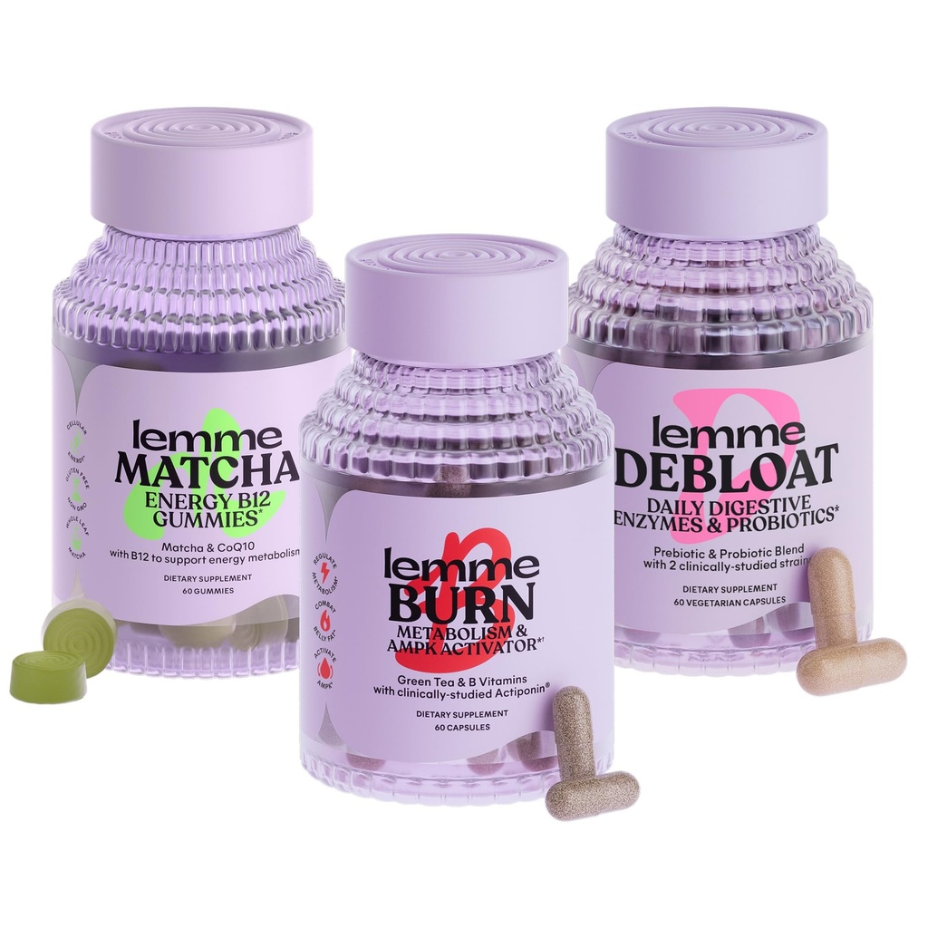 Lemme Burn, Debloat & Match Bundle - Metabolizm i tłuszcz Burning Kapsułki + Bloating & Gas Relief Kapsułki + Energia B12 Gummies - Gluten- Free, Non-GMO - 60 ct. ea