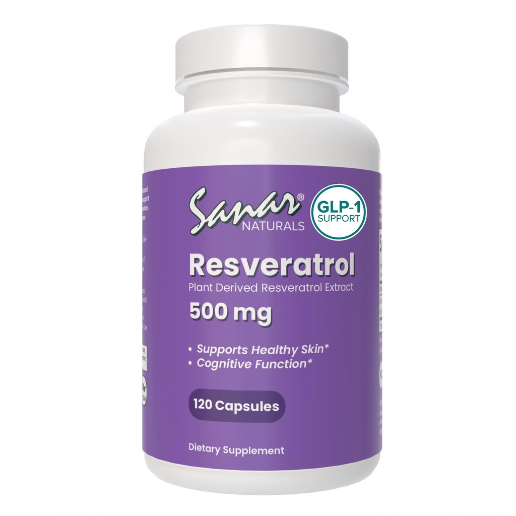 Sanar Naturals Resveratrol Supplement 500 mg - wspomaga zdrowe starzenie się, funkcje poznawcze i zdrowie serca - Trans Resveratrol na bazie roślin - Wegan, Non-GMO, 120 Kapsułki