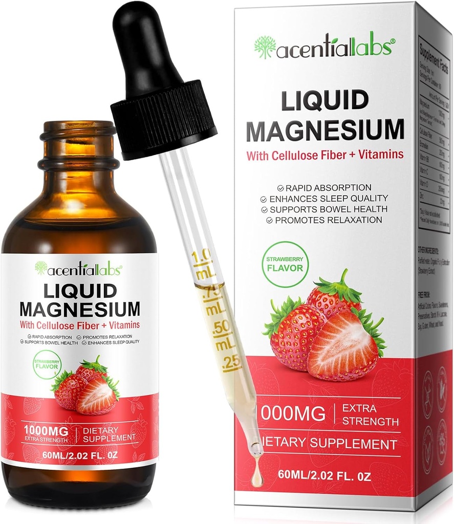 Płynny glicynian magnezu, płynny magnez 1000Mg, krople magnezu, suplement magnezu płynnego, z włókna celulozowego, Witamina B6, C, D, Cynk, Digestive Health, Promotes Relaxation, No Sugar, 2 Fl Oz