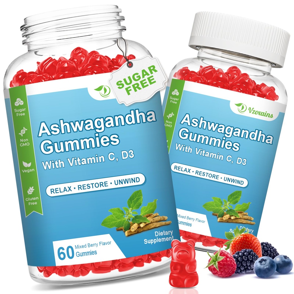 2 Pack Gummies Ashwagandha z witaminą D dla kobiet i mężczyzn, Sugar Free Vegan 1000MG Ashwagandha suplement Gummy & Witamina C, 120 Liczba