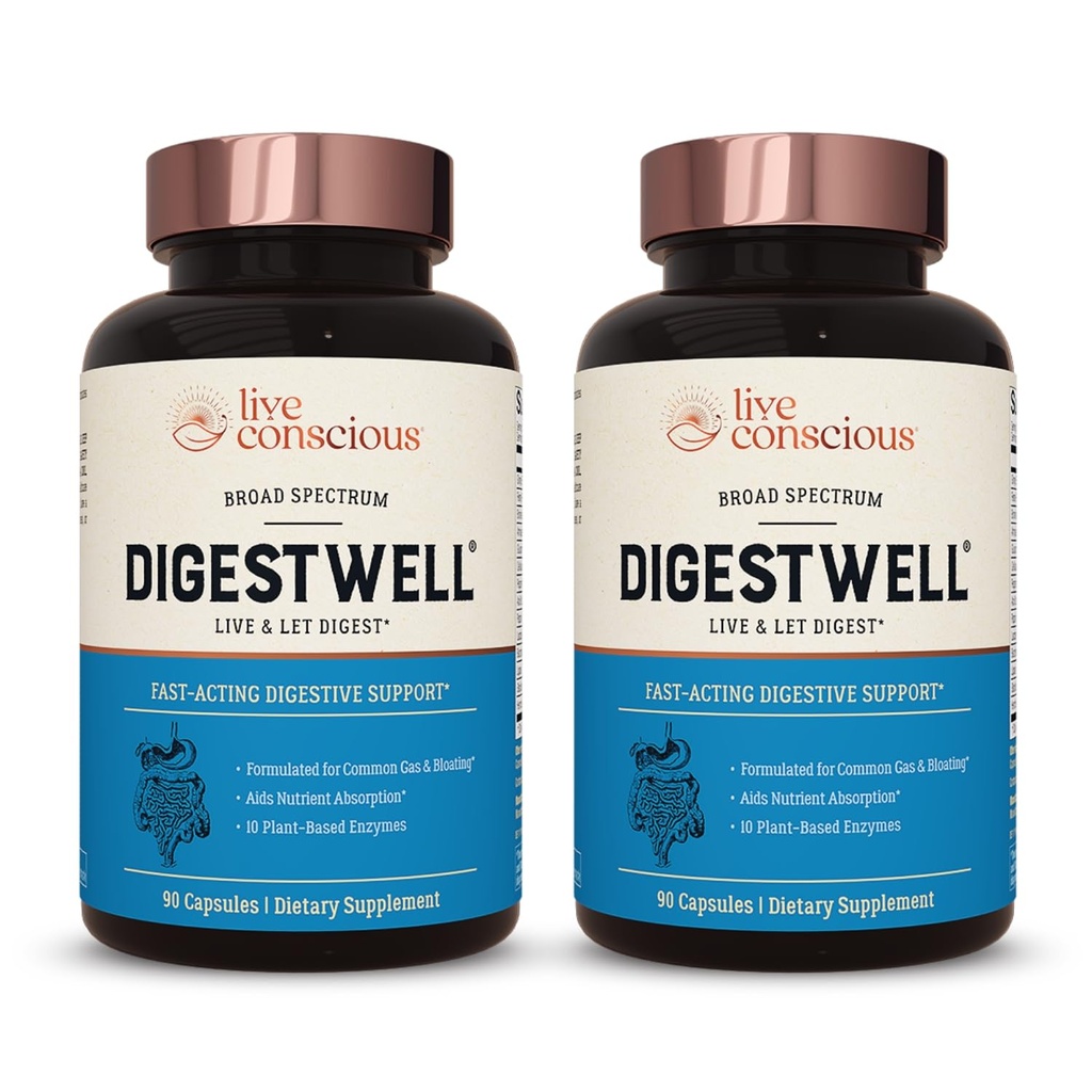 Live Conscious DigestWell natychmiastowe wsparcie - Fast- Acting Digestive Support 124; Broad Spectrum Enzym, Probiotic & Herbal Formula - Degrees Everyday Gas & Bloating - 90 Kapsułki (2- Pack)