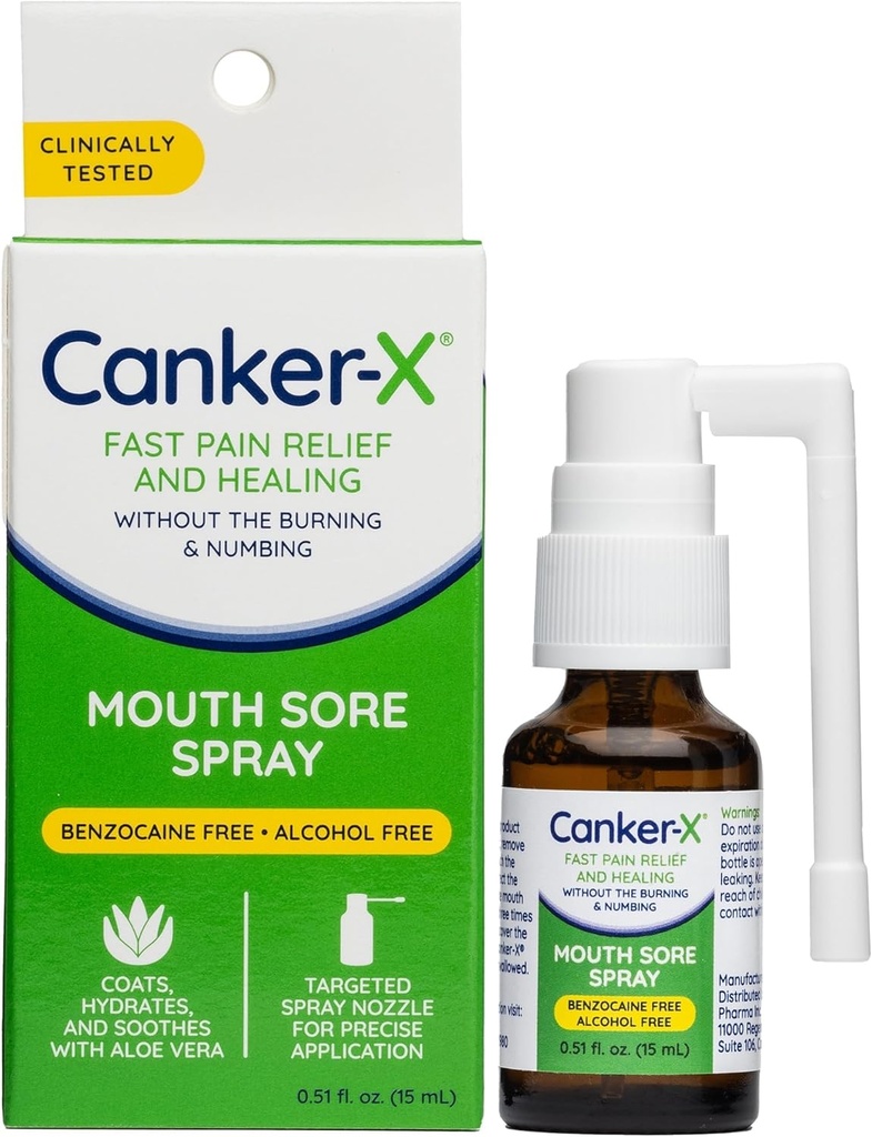 Canker- X Mouth Sore Spray, Ulcer Ulcer ból jamy ustnej z Canker wrzodów, Burns & More, No Burning & Numbing, Benzocaine- Free & Alcohole-Free Mouth Ulcer Leczenie, ukierunkowane rozpylacz, 0.51 Fl. Oz.