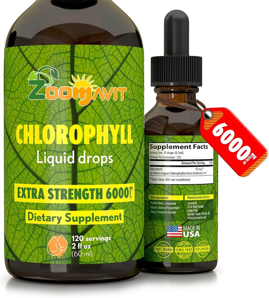 Chlorophyll Liquid Drops 100% Organic Vegan - Energy and Immune System Booster Supplement with Mint Flavor for Water - Natural Internal Deodorant - Extra Strength 6000mg 120 Servings