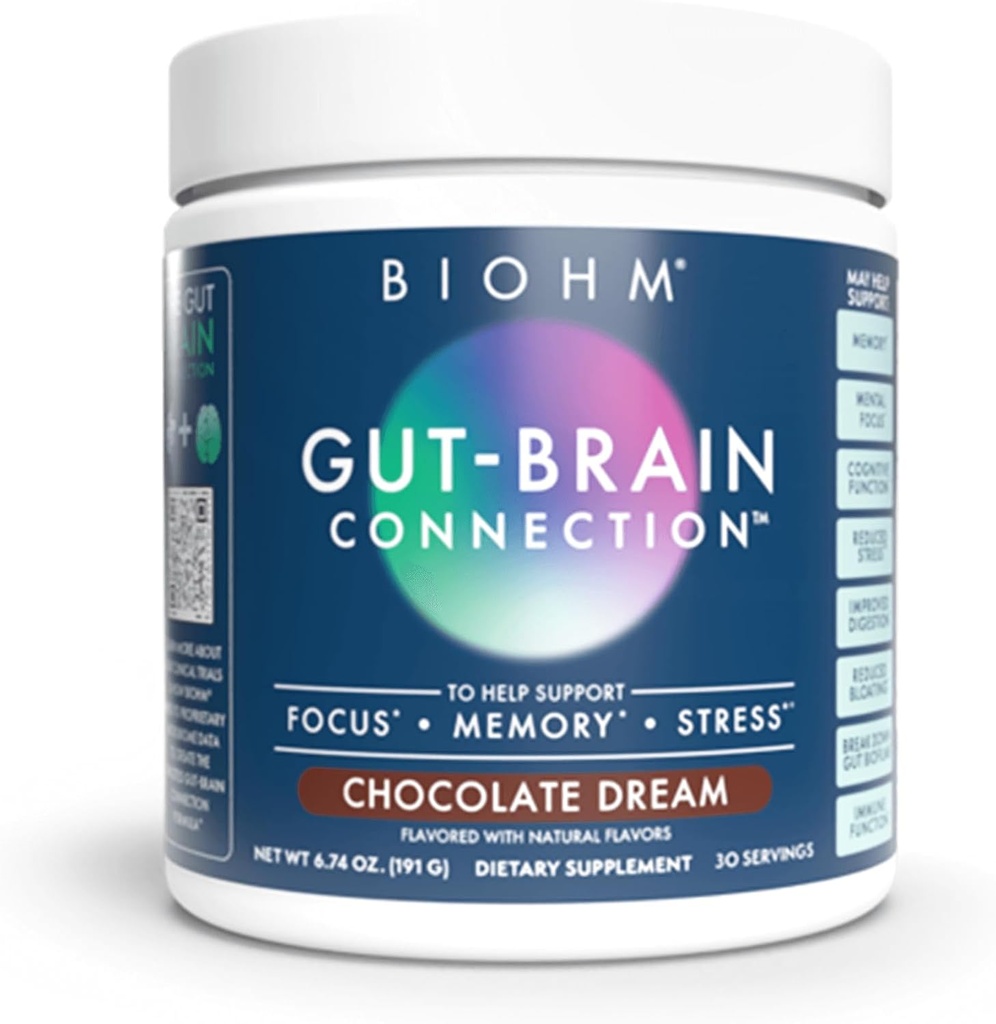 BIOHM Gut- Brain Connection Memory & Focus Supplement (6.74 Oz, 30 Służenia) Wspiera Gut Health & Cognitive Well- Being, Pomaga poprawić nastrój, Probiotyki, Lwie 's Mane & Bacopa Monneiri, Czekoladowy Flavor