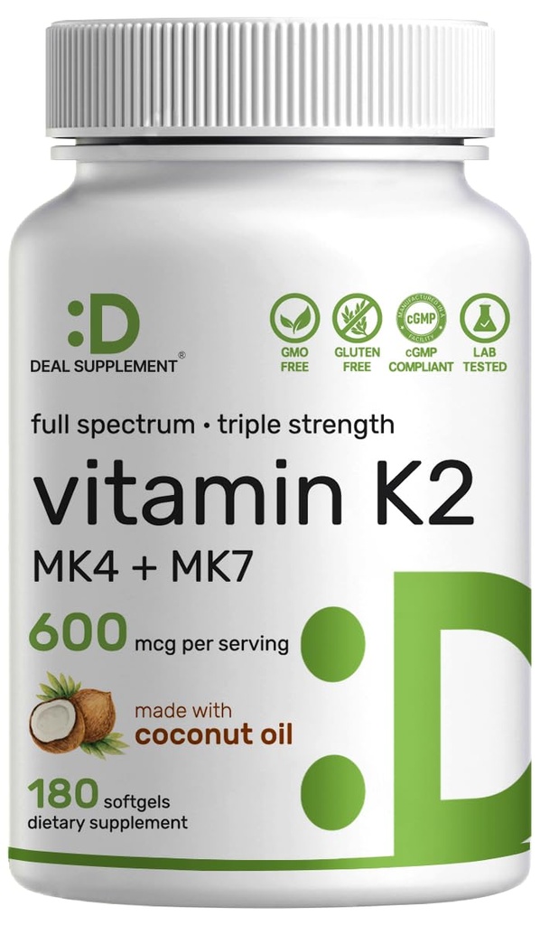 DEAL SUPLEMENT witaminy K2 Suplement 600mcg, 180 Softgels oleju kokosowego 124; Full Spectrum High Absorption MK- 7 & MK- 4 Formularze 124; Kości, Joint, & Wsparcie immunologiczne - Non-GMO