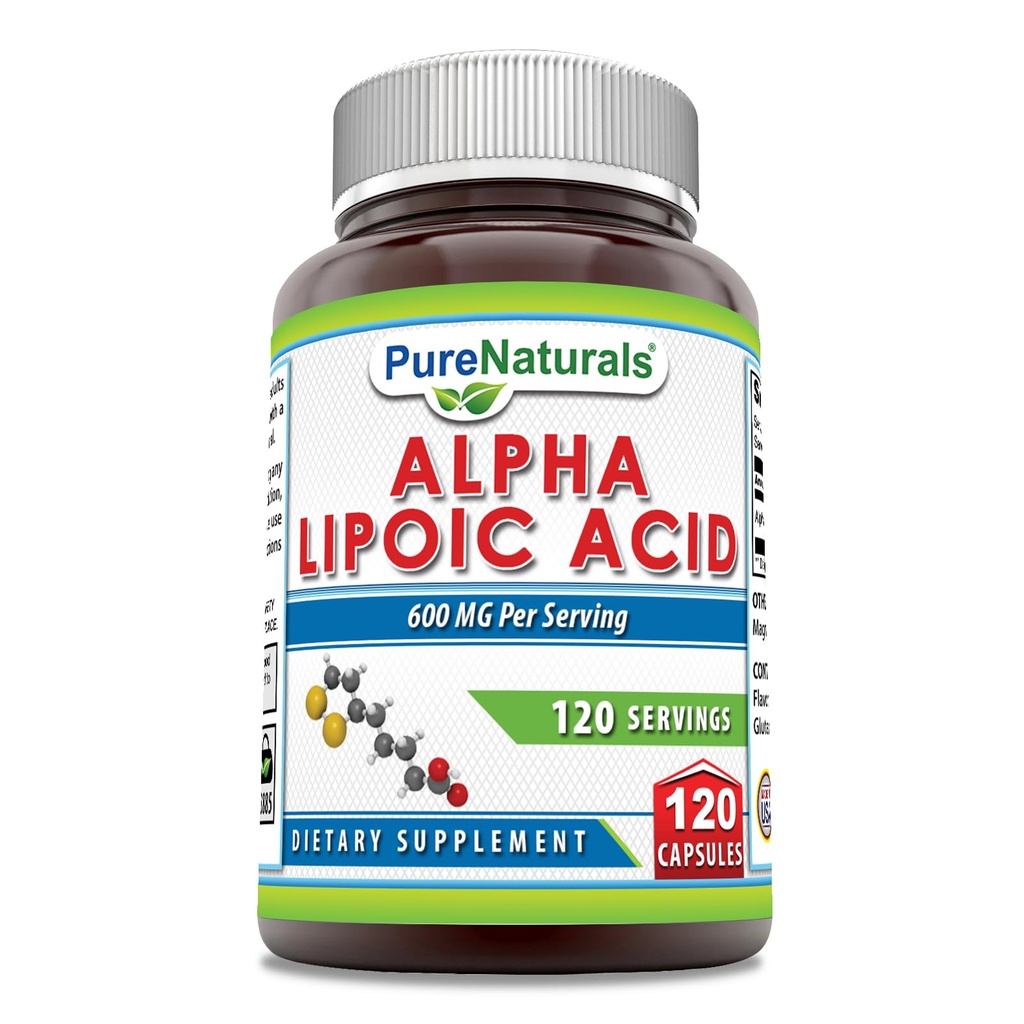Pure Naturals Alpha Lipoic Acid 600 mg 120 Suplement kapsułki DEV124; Non- GMO EV124; Gluten Free EV124; Made in USA