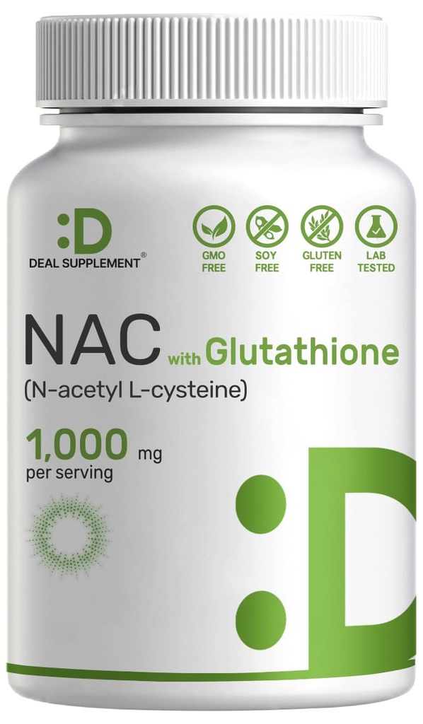 DEAL SUPLEMENT NAC Supplement (N- Acetyl Cysteine) 1,000mg per serving with Reduced Glutathione, 240 kapsułki - Przeciwutleniacze Wsparcie dla zdrowia immunologicznego, Płuc, & Wątroba Funkcje