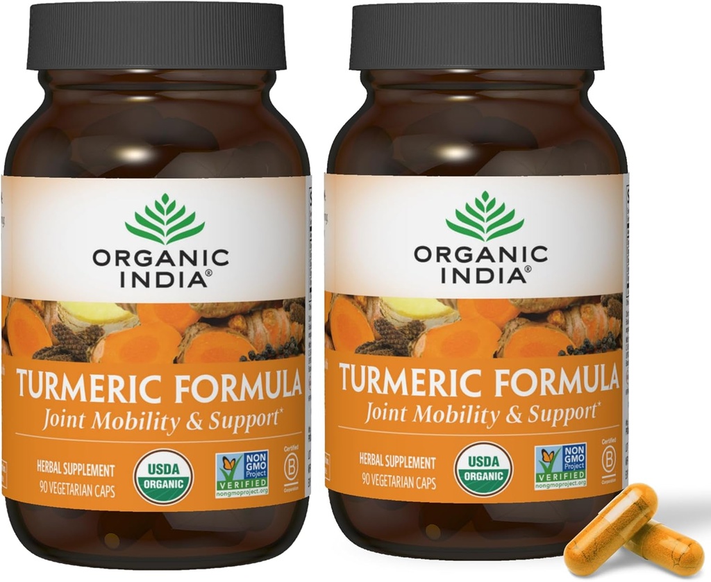 ORGANIC INDIA Kurkumina turmerowa z papryką czarną - Suplement ziołowy, Wspólne wsparcie i wsparcie systemu immunologicznego, Suplement do korzeni, Trikatu, USDA Certified Organic - 180 Kapsułki