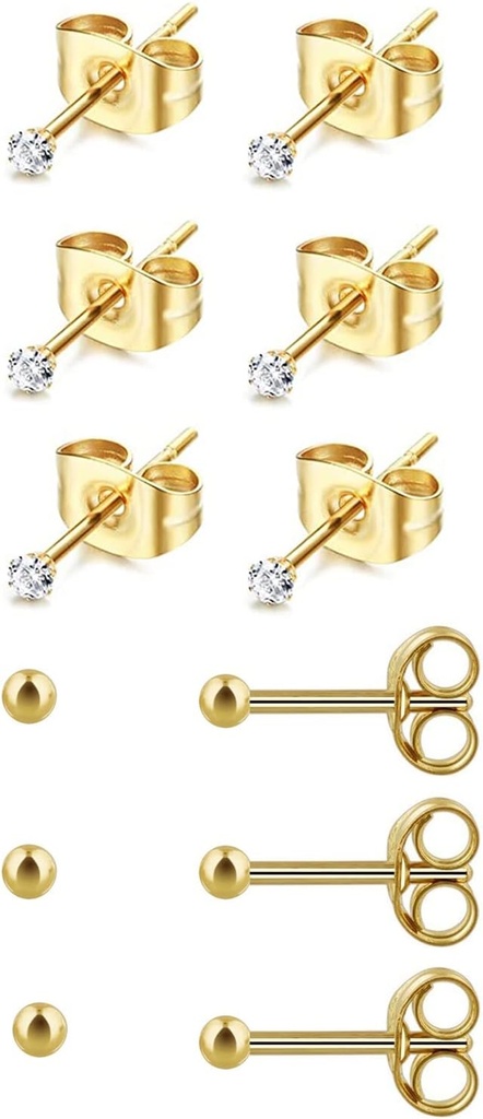 6Pary 2mm / 3mm Stal Chirurgiczna Hypoalergenic Piercing Studs, 20G 14K Prawdziwe złote kolczyki wypełniony mały Stud Zestaw do wielu otworów Piercing (Cyrkonia sześcienna, Perła, Ball)