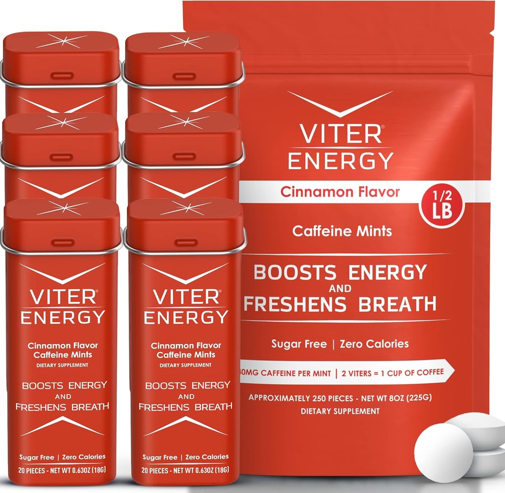 Viter Energy Original Caepine Mints Cynamon Flavor 6 Pack and 1 / 2 Pound Bulk Bag Bundle - 40mg Caepine, B Vitamin, Sugar Free, Wegan, Potężny booster energii dla ostrości i alertywności
