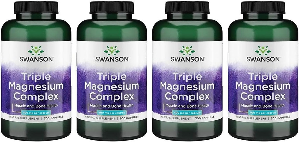 Swanson Triple Magnezu Complex - Suplement mineralny - Natural Support - Wyposażony w cytrat, tlenek i asparaginian - (300 kapsułek, 400mg każdy, 4 opakowania)