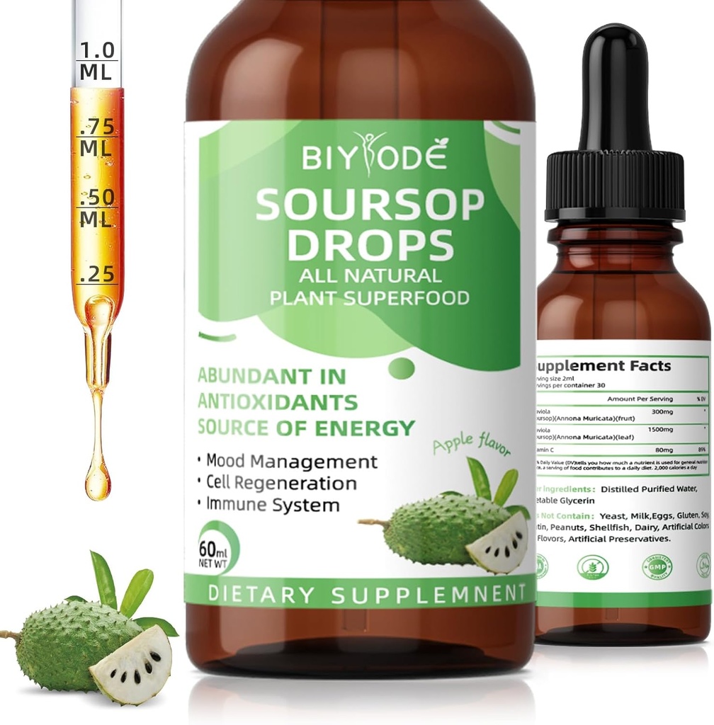 Soursop Graviola płynne krople: 1800mg Premium Przeciwutleniacz Wsparcie dla immunologicznego zdrowia Relaks trawienny Wegan Gluten wolny cukier 1 Fl Oz 30 Day Supply