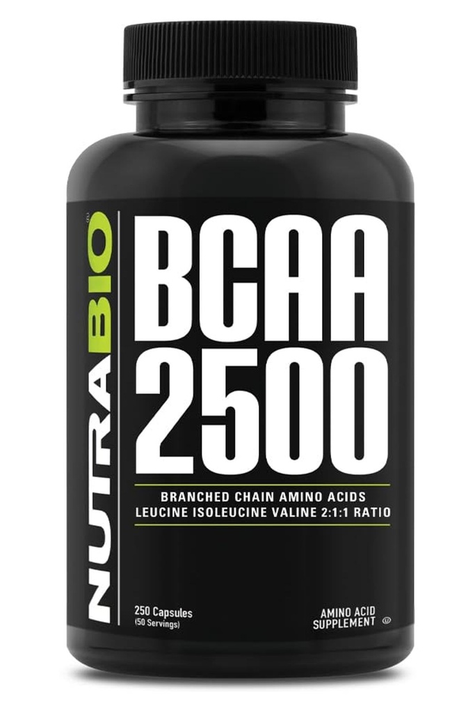 NutraBio - BCAA 2500 - Acidy rozgałęzione - Wspieranie nowego wzrostu mięśni i zapobieganie rozpadowi mięśni - 250 kapsułek