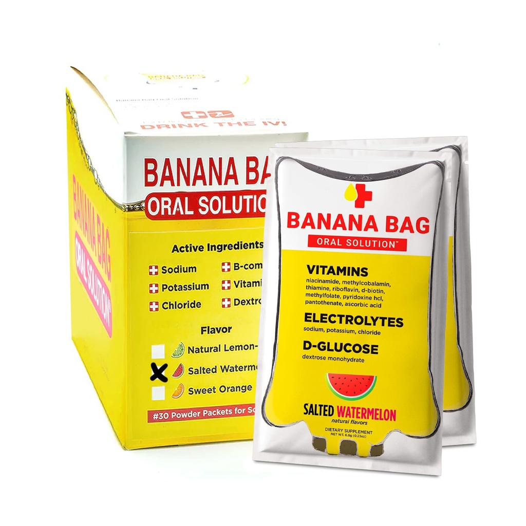 Banan Bag Oral Solution Pakiety - Salted Arvelon 30pk Between 124; Odświeżający Mieszanka elektrolitów, Witaminy C i B-Complex do nawadniania i energii. Wygodne, easy- to- Mix i idealne do codziennego użytku.