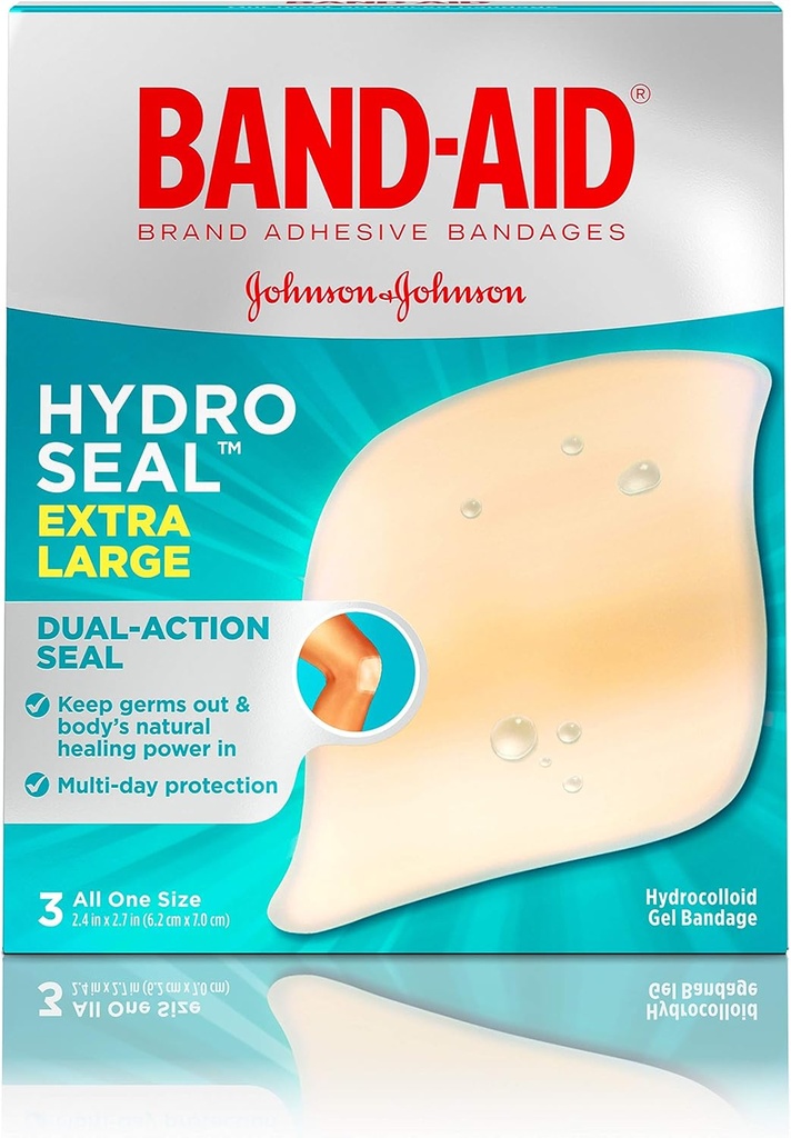 Band- Aid Brand Hydro Seal Adhesive Hydrocoloid Gel Bandaże do pielęgnacji rany i blister Relief, All Purpose Waterproof & Shower Proof Blister Pad, Sterylne i długotrwałe, Bardzo duże, 3