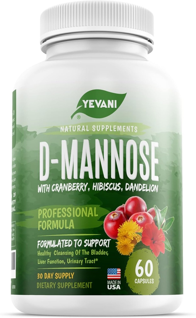 100% Pure D- Mannose Kapsułki 1000 mg z żurawiny, Hibiscus i Dandelion Extract, szybko działająca profesjonalna Formuła Zapobiegania UTI dla Trakcji Urynalnej zdrowia i wsparcia pęcherza