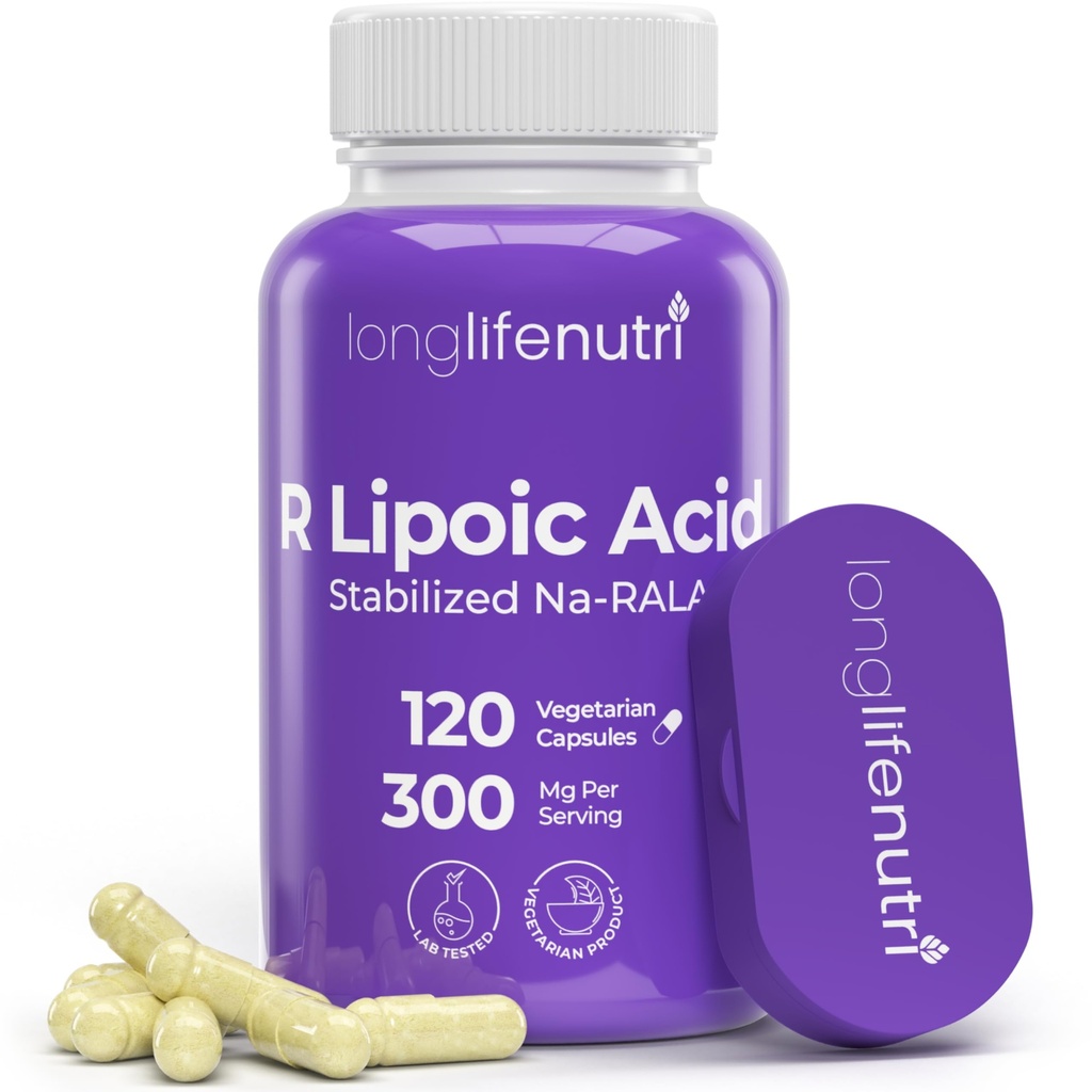 LongLifeNutri Stabilizowany R- Alpha Kwas lipowy 300mg - Wysoka moc Na- RALA Suplement dla energii komórkowej i funkcji metabolicznej, 120 Kapsułki wegetariańskie, 4- Miesiąc dostaw, GMP Certified, Made in USA