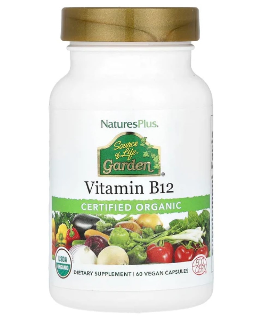 Nature Plus Source of Life Garden Certified Organic Witamina B12- 1000 µg metylokobalamina, 60 Kapsułki wegańskie - Całość żywności Witamina B12 Suplement - Energy Boost - Wegetarianin, Gluten- Free - 30 Służenie