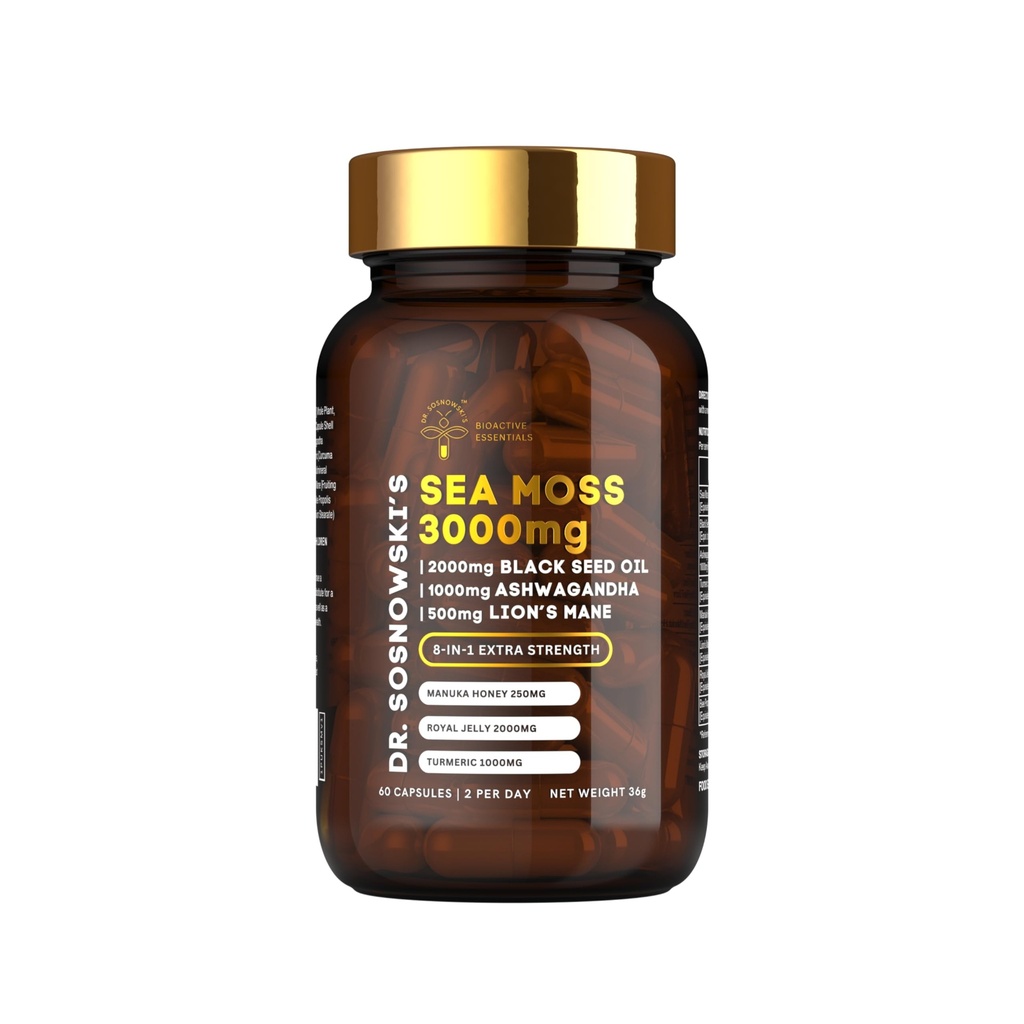 Bioactive Sea Moss Dr Sosnowski 124; 8- in-1 Formuła wzbogacona Black Seed, Ashwagandha, Turmeric, Manuka Honey, Lion 's Mane, Royal Jelly, Bee Propolis Extract 124; 60 Kapsułki