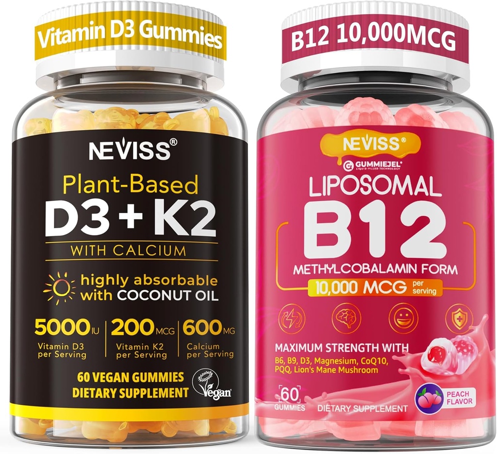 NEVISS 2Pack Witamina D3 5000iu & K2 (jako MK7) 200mcg Gumiaki + 600mg Wapnia + 1 Pack Liposomal Methyl B12 5000 mcg / 10000 mcg