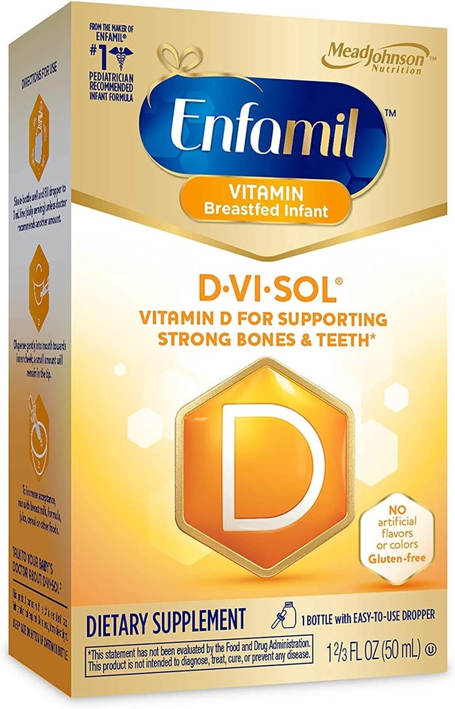 Enfamil D- Vi- Sol Witamina D Krople dla niemowląt, Wspiera silne kości i zębów, Bezglutenowy, Łatwy w użyciu kroplomierzem 50 ml