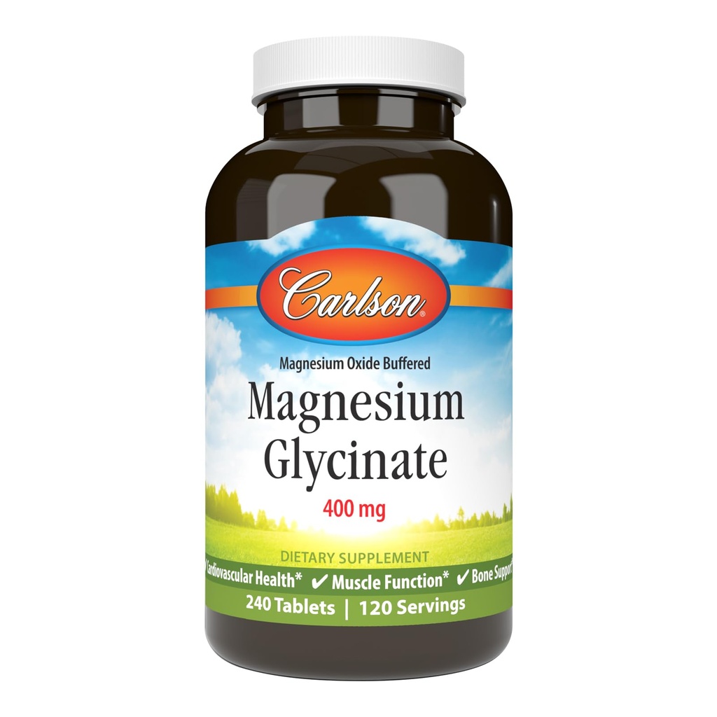 Carlson - Glicynian magnezu, 200 mg, Superior Absorption, Heart Health, Muscle Function, Bone Support, 240 Tablets