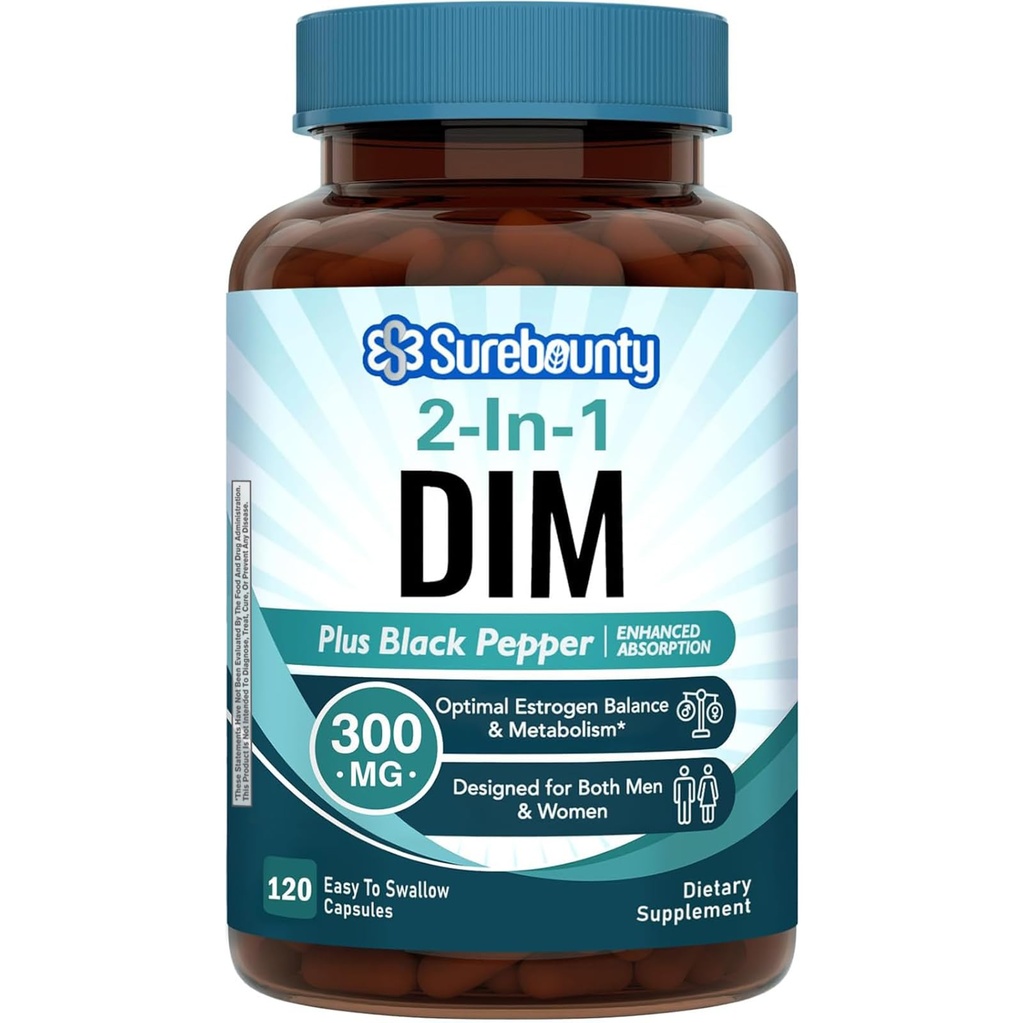 Suplement DIM 300mg dla kobiet i mężczyzn, Estrogen Balance & Metabolizm, Hormon Balance, Wsparcie menopauzy, Utrzymanie energii, Wysoka absorpcja z Black Pepper Extract, 120 Czapki