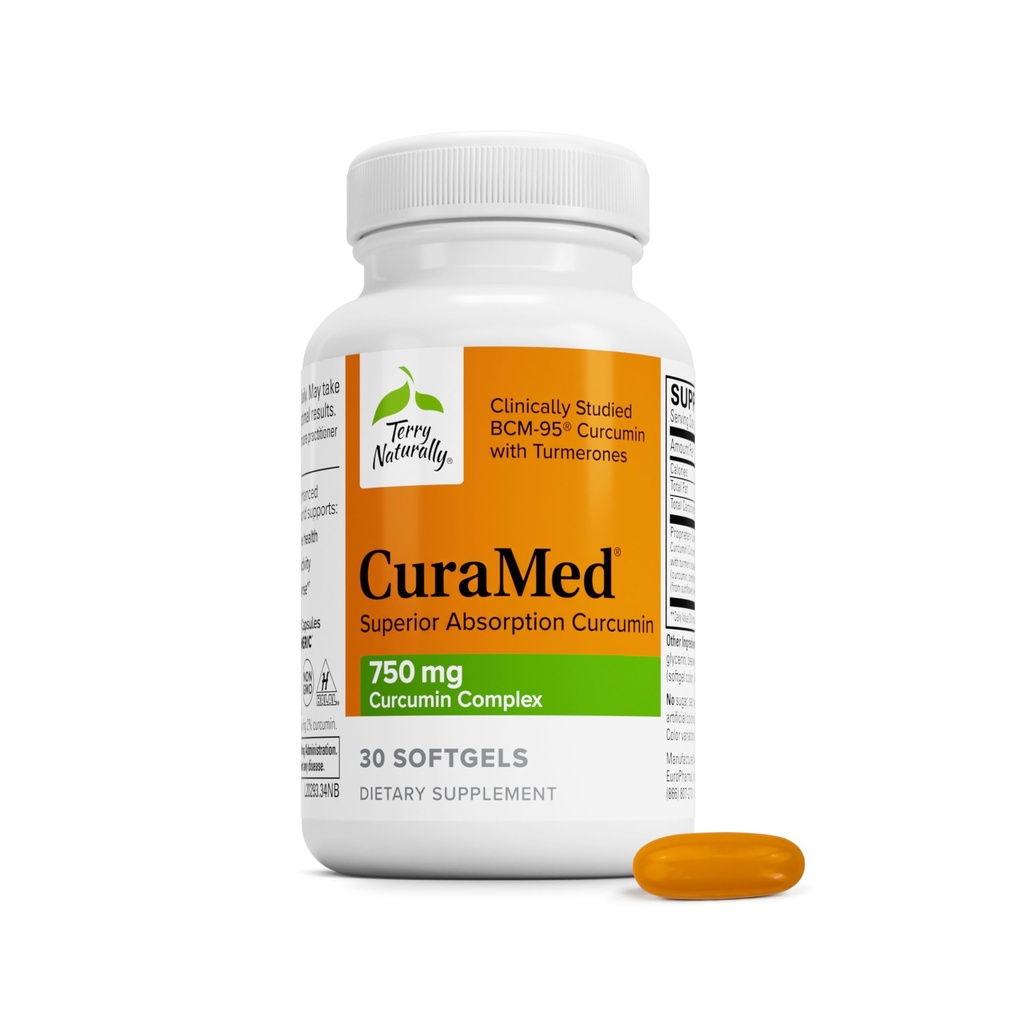Terry Natural CuraMed 750mg - Suplement przeciwutleniający do wsparcia zdrowia mózgu i serca - Suplement dietetyczny z kompleksem kurkuminy o dużej mocy - Nerki, Wątroba i Immune Health Support - 30 Softgels