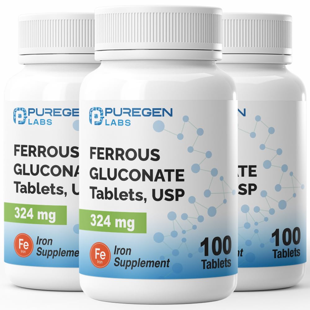 Puregen Labs Glukonian żelaza 324 mg [Wysoka potencja] Suplement żelaza, Delikatnie na stomach 124; 3 Pack - 300 Tablets Total