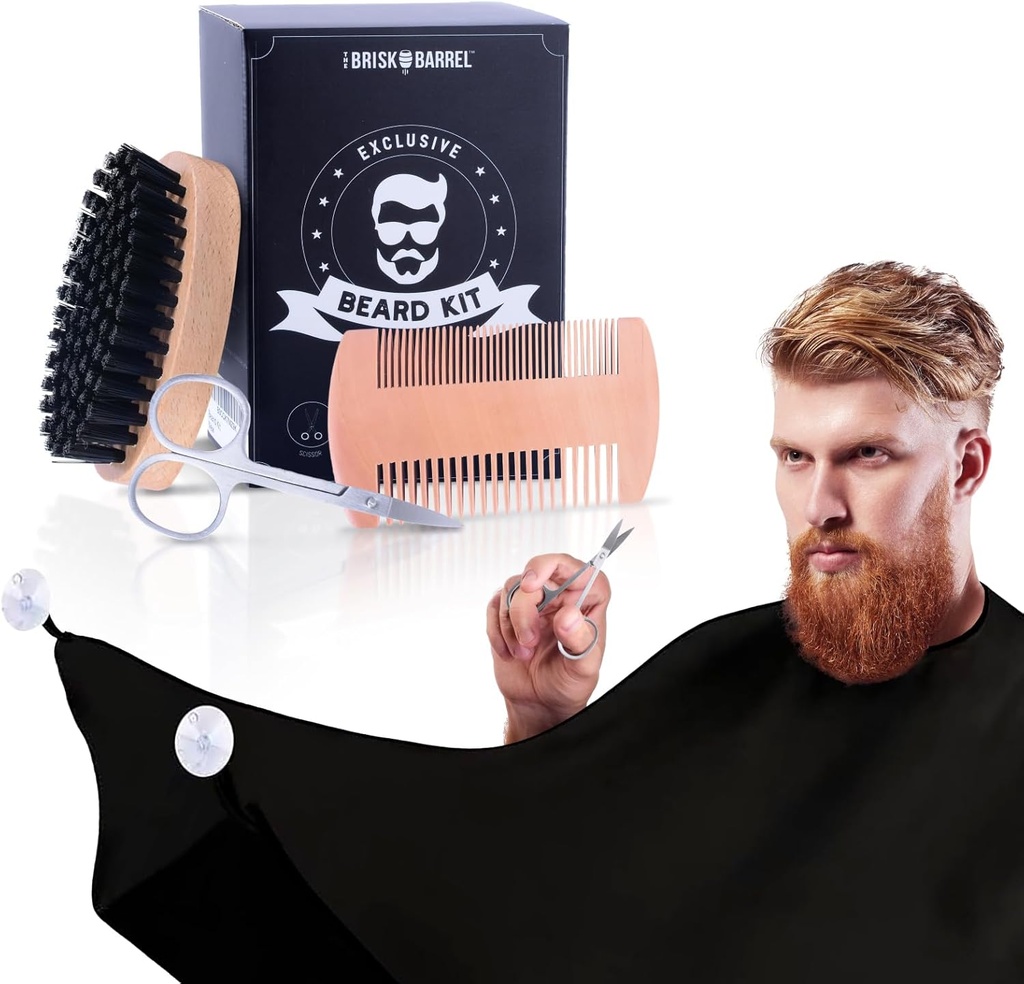 Beard Grooming Kit dla mężczyzn 4 w 1. Beard Brush and Comb Set z Messy Free Bib Apron, Nożyczki do wąsów. Natural Brush i Dual Action Comb. Men 's Grooming. Prezent dla męża,