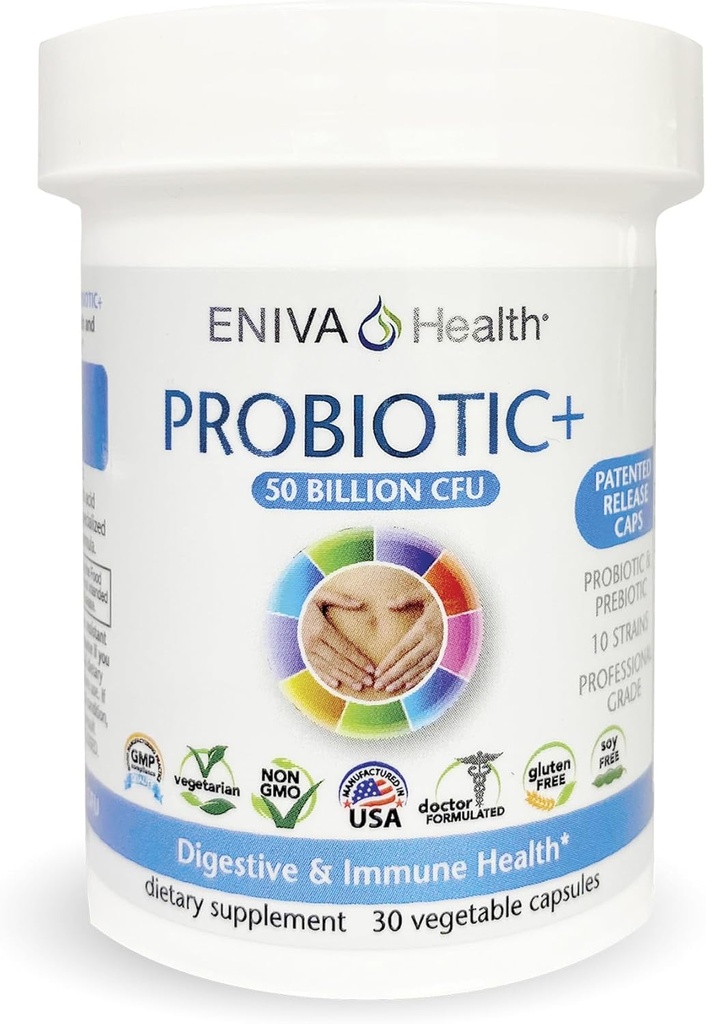 Probiotyk Eniva Health z Prebiotykiem 10 Szczepów 124; 50 Miliard CFU na kapsułkę 124; 30 Kapsułek na butelkę 124; Doctor Complicated 124; Opatentowane kapsułki uwalniające 124; Brak wypełniaczy
